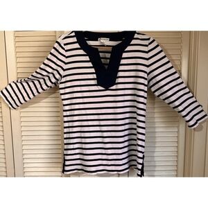 Rebecca Malone‎ White/ Navy Striped 3/4 Sleeve Top Size L
